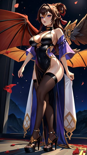 (1gril,)) dress, ((long dress))  low cut, brown hair, gold earing, ((medium breast,)) (full body, )black stockings, choker, black heels, ((plataform heels,)) ((nigth, )) ((dark skin,)) long hair, petals_in_wind, flying, dark wings,on_one_leg,kukishinobudef