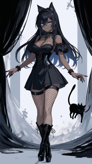 ((masterpiece)), ((expressive eyes)), ((dark skin)), ((perfect face)), ((best quality)), ((gothic)), (((Beautiful graceful proportional hands))), black hair, (long hair), ((1)), ((fishnets)), big breasts, ((detailed eyes)), (ultra-detailed)), ((beautiful)), 1girl, skirt, corset, (goth aesthetic), (black clothes), cleavage, choker, bangs, blue eyes, ((very small black cat ears)), black eyeliner, Black lipstick, (staing full body), ((very long beautiful legs)), (Black theme, aesthetic), (ultra-detailed),((looks back at the camera)), Black nails, (boots goth), add_detail:1.5, black eyeshadow, black hair (blue eyes) long hair,qiandaiyiyu ,dehyadef