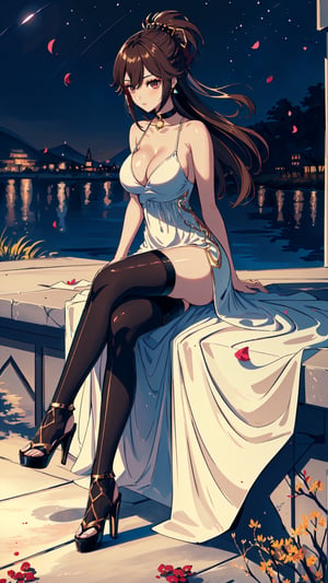 (1gril,)) dress, ((long dress))  low cut, brown hair, gold earing, ((medium breast,)) (full body, )black stockings, choker, black heels, ((plataform heels,)) ((nigth, )) ((dark skin,)) long hair, petals_in_wind, siting, crossed_legs_(lying),