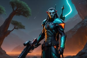 4K, 8K, masterpiece, perfect focus, in_focus, clear focus, best quality, insanely realistic, life like photo, 4k full body cinematic shot photo of a squad of male space elf cyber soldiers holding glowing elven swords and aiming elven futuristic guns in sci-fi jungle mother earth tree elven outpost at midnight, milkyway, bioluminescent lighting, galaxy in background, blood moon in background, landscape sci fi elven ship circular landing platform on tree of life, attack pose, Torchlit, torchlit, aiming elven space rifle pose, aiming guns, firing guns circular energy sheild, insanely detailed helmet, super detailed helmet, hyper detailed helmet, slashing_pose, matte black sleek red and neon orange and neon teal accent colors with galaxy pattern, holding glowing lightning sword, sci-fi elven open faced helmet, full body armor, weapon master, pistol on hip, pistol in armpit holster, sword in hand, sword neon glow, neon wrist weapons,cyberpunk headgear, full body armor, weapon master, sword in hand, sword neon glow, neon wrist weapons, bulky weathered space marine armor, perfect eyes, glassy eyes, 4k eyes, sci fi daggers on body, white sclera eye color, 4k realistic eyes, realistic armor texture, beautiful, bulky full body interlocking armor panels, handsome face, face photorealistic, angry face, aiming elven space rifle, dreadlock messy bun hairstyle, fair  skin, fit, 4k hyperrealistic face, muscular, fair skin, mature males, photorealistic cyberpunk elf Man, hi-tech equipment, kintsugi gengji from overwatch armor and sword, cyberpunk armor, enforcer armor, full sci-fi plate armor, bandoliers, shaved hair, vampire_teeth, subsurface scattering, reflective, polished, perfect_teeth, Extremely detailed face, movie quality face, hyper realistic face, huge muscles, neck protection armor, astronaut helmet on chimps, chimp with translucent visored helmet, sci fi helmets, mecha bow and quiver on back, loose wires, spear, mecha weapons in hand, glowing lightning sword, energy blade, warrior, warrior armor chest armor, shin_ armor, battle belts, tools on belt, mecha jetpack, cyberpunk exosuit, 4 thrusters, detailed panel lining, mechanical, high quality, random expression, freckles, beautiful, dslr, 8k, 4k, ultrarealistic, realistic face, insanely detailed face, natural skin, textured skin, Movie Still, vengeful amber eyes, elven_ears,Read description, NightmareFlame, Movie Still, HIGH resolution, SUPER resolution, HYPER resolution, HD resolution, beautiful