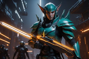 4K, 8K, masterpiece, perfect focus, in_focus, clear focus, best quality, insanely realistic, life like photo, 4k full body cinematic shot photo of a squad of male space elf cyber soldiers holding glowing elven swords and aiming elven futuristic guns in sci-fi jungle elven outpost at midnight, milkyway, bioluminescent lighting, galaxy in background, blood moon in background, landscape sci fi elven ship circular landing platform on tree, attack pose, Torchlit, torchlit, aiming elven space rifle pose, aiming guns, firing guns circular energy sheild, insanely detailed helmet, super detailed helmet, hyper detailed helmet, spikey helmet, crested helmet, winged helmet, slashing_pose, sleek matte black and teal cyberpunk armor, orange and neon teal accent colors with galaxy pattern, YAKEDA Full Protection Tactical Tank Top, bomb suit, flak jacket, interlocking armor, holding glowing lightning sword, sci-fi elven open faced helmet, full body armor, weapon master, pistol on hip, pistol in armpit holster, sword in hand, sword neon glow, neon wrist weapons, cyberpunk headgear, full body armor, weapon master, sword in hand, sword neon glow, neon wrist weapons, bulky weathered space marine armor, perfect eyes, glassy eyes, 4k eyes, sci fi daggers on body, white sclera eye color, 4k realistic eyes, realistic armor texture, beautiful, bulky full body interlocking armor panels, handsome face, face photorealistic, angry face, aiming elven space rifle,  fair  skin,  fit, 4k hyperrealistic face, muscular, extremely muscular, mature males, photorealistic cyberpunk elf Man, hi-tech equipment, kintsugi gengji from overwatch armor and sword, cyberpunk armor, enforcer armor, full sci-fi plate armor, bandoliers, shaved hair, vampire_teeth, subsurface scattering, reflective, polished, perfect_teeth, Extremely detailed face, movie quality face, hyper realistic face, huge muscles, neck protection armor, sci fi helmets, mecha bow and quiver on back, loose wires, spear, mecha weapons in hand, glowing lightning sword, energy blade, warrior, warrior armor chest armor, shin_ armor, battle belts, tools on belt, mecha jetpack, cyberpunk exosuit, 4 thrusters, detailed panel lining, mechanical, high quality, random expression, freckles, beautiful, dslr, 8k, 4k, ultrarealistic, realistic face, insanely detailed face, natural skin, textured skin, Movie Still, vengeful amber eyes, elven_ears, Read description, NightmareFlame, Movie Still, HIGH resolution, SUPER resolution, HYPER resolution, HD resolution, beautiful