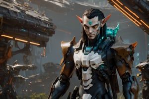 4k full body cinematic shot photo of a male space elf cyber samurai pointing neon shimmering sword in hand forward in sci fi jungle elven mech yard, matte bronze black sleek orange and neon teal accent colors , bulky weathered space marine armor, 4k bioluminescent eyes, sci fi daggers on body, clear square eye screen with data displayed, white sclera eye color, 4k realistic eyes, realistic armor texture, bulky full body interlocking armor panels, handsome face, face photorealistic, angry face, fit, 4k hyperrealistic face, muscular, mature males, photorealistic cyberpunk elf Man, hi-tech equipment, kintsugi gengji from overwatch armor and sword, shaved head hairstyle, vampire_teeth, subsurface scattering, perfect_teeth, Extremely detailed face,  mecha bow and quiver on back, loose wires, spear mecha weapons in hand_energy blade, mecha jetpack, cyberpunk exosuit, 4 thrusters, detailed panel lining, mechanical, high quality, volumetric, freckles, beautiful, dslr, 8k, 4k, ultrarealistic, realistic face, insanely detailed face, natural skin, textured skin, Movie Still, mecha, landscape inside elven spaceship hangar, Lunar eclipse background, lunar orange glow, vengeful amber eyes, eyes tiny glow,elven_ears,Read description