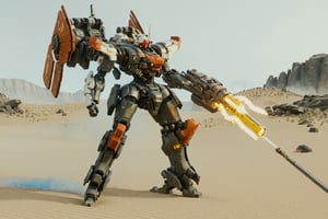 4k, 8k, (((masterpiece))), (((best quality))), (((ultra high res))), dramatic atmosphere, raytracing, subsurface scattering, gritty sand worn textures on armor, full body cinematic shot photo of a zaku mech aiming and shooting a sci-fi flame thrower and holding a glowing blade jet pack thrusters ignited about to take flight over a mech base and arch in moab utah, mech wrecks on fire scattered around smoking, insanely detailed mech head, insanely detailed head helmet, 4k fire, cinematic fire , mech shooting flamethrower, stream of flame, 4 leg mech companion with cannon, mech base in canyon lands moab utah in background, glowing mono eye, firing gun, agressive stance, random pose, vegetation, weapons, aiming rifle, weapon in hand, circular translucent energy shield in off hand, jet boosters ignited, heat blur on jetpack, bulky smooth jetpack, large thrusters on jetpack, anatomically correct hands, matte black glowing orange trim, bulky weathered space marine armor, 4k bioluminescent eyes, sci fi daggers on body, realistic armor texture, bulky full body armor panels, hi-tech equipment, kintsugi gengji from overwatch armor and sword, shaved head hairstyle, subsurface scattering, perfect_teeth, cyberpunk bow and quiver on back, loose wires, cyberpunk 2077 energy katana, glowing boar spear, mecha weapons in hand, energy blade, jetpack, cyberpunk exosuit, 4 thrusters, detailed panel lining, mechanical, high quality, volumetric, beautiful, dslr, 8k, 4k, ultrarealistic, realistic face, insanely detailed face, natural skin, textured skin, Movie Still, mecha, vengeful amber eyes, eyes tiny glow,elven_ears, Read description,armored core,oni style,6000, mecha, zj