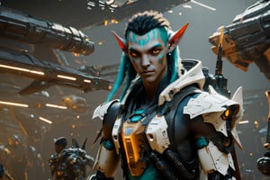 4k full body cinematic shot photo of a male space elf cyber samurai pointing neon shimmering sword in hand forward in sci fi jungle elven mech yard, matte bronze black sleek orange and neon teal accent colors , bulky weathered space marine armor, 4k bioluminescent eyes, sci fi daggers on body, clear square eye screen with data displayed, white sclera eye color, 4k realistic eyes, realistic armor texture, bulky full body interlocking armor panels, handsome face, face photorealistic, angry face, fit, 4k hyperrealistic face, muscular, mature males, photorealistic cyberpunk elf Man, hi-tech equipment, kintsugi gengji from overwatch armor and sword, shaved head hairstyle, vampire_teeth, subsurface scattering, perfect_teeth, Extremely detailed face,  mecha bow and quiver on back, loose wires, spear mecha weapons in hand_energy blade, mecha jetpack, cyberpunk exosuit, 4 thrusters, detailed panel lining, mechanical, high quality, volumetric, freckles, beautiful, dslr, 8k, 4k, ultrarealistic, realistic face, insanely detailed face, natural skin, textured skin, Movie Still, mecha, landscape inside elven spaceship hangar, Lunar eclipse background, lunar orange glow, vengeful amber eyes, eyes tiny glow,elven_ears,Read description