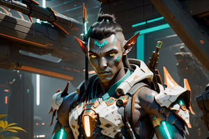 4k full body cinematic shot photo of a male space elf cyber samurai with glowing glass sword in hand forward in sci-fi jungle elven mech yard, weapons, weapon in hand, anatomically correct hands, matte bronze black sleek orange and neon teal accent colors , bulky weathered space marine armor, 4k bioluminescent eyes, sci fi daggers on body, clear square eye screen with data displayed, white sclera eye color, 4k realistic eyes, realistic armor texture, bulky full body interlocking armor panels, handsome face, face photorealistic, angry face, fit, 4k hyperrealistic face, muscular, mature males, photorealistic cyberpunk elf Man, hi-tech equipment, kintsugi gengji from overwatch armor and sword, shaved head hairstyle, vampire_teeth, subsurface scattering, perfect_teeth, Extremely detailed face,  mecha bow and quiver on back, loose wires, spear mecha weapons in hand_energy blade, mecha jetpack, cyberpunk exosuit, 4 thrusters, detailed panel lining, mechanical, high quality, volumetric, freckles, beautiful, dslr, 8k, 4k, ultrarealistic, realistic face, insanely detailed face, natural skin, textured skin, Movie Still, mecha, landscape inside elven spaceship hangar, Lunar eclipse background, lunar orange glow, vengeful amber eyes, eyes tiny glow,elven_ears,Read description