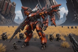 4k full body cinematic shot photo of a male space elf in a cyber samurai mech aiming a sci-fi rifle in sci-fi african savannah, african savannah in backround, vegetation weapons, aiming rifle, weapon in hand, anatomically correct hands, matte white black sleek orange and red accent colors , bulky weathered space marine armor, 4k bioluminescent eyes, sci fi daggers on body, realistic armor texture, bulky full body armor panels, hi-tech equipment, kintsugi gengji from overwatch armor and sword, shaved head hairstyle, subsurface scattering, perfect_teeth, mecha bow and quiver on back, loose wires, spear mecha weapons in hand_energy blade, mecha jetpack, cyberpunk exosuit, 4 thrusters, detailed panel lining, mechanical, high quality, volumetric, beautiful, dslr, 8k, 4k, ultrarealistic, realistic face, insanely detailed face, natural skin, textured skin, Movie Still, mecha, vengeful amber eyes, eyes tiny glow,elven_ears, Read description,armored core