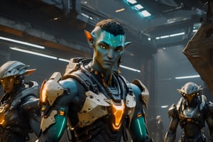 4k full body cinematic shot photo of a squad of male space elf cyber samurai with glowing glass swords and gunds in hand forward in sci-fi jungle elven mech yard, weapons, aiming rifle, weapon in hand, anatomically correct hands, matte bronze black sleek orange and neon teal accent colors , bulky weathered space marine armor, 4k bioluminescent eyes, sci fi daggers on body, clear square eye screen with data displayed, white sclera eye color, 4k realistic eyes, realistic armor texture, bulky full body interlocking armor panels, handsome face, face photorealistic, angry face, fit, 4k hyperrealistic face, muscular, mature males, photorealistic cyberpunk elf Man, hi-tech equipment, kintsugi gengji from overwatch armor and sword, shaved head hairstyle, vampire_teeth, subsurface scattering, perfect_teeth, Extremely detailed face,  mecha bow and quiver on back, loose wires, spear mecha weapons in hand_energy blade, mecha jetpack, cyberpunk exosuit, 4 thrusters, cyborg goggles, cyberpunk halo visor, face visor. detailed panel lining, mechanical, high quality, volumetric, freckles, beautiful, dslr, 8k, 4k, 4k eyes, ultrarealistic eyes, realistic eyes, insanely detailed eyes, ultrarealistic, realistic face, insanely detailed face, natural skin, textured skin, Movie Still, mecha, landscape inside elven spaceship hangar, Lunar eclipse background, lunar orange glow, vengeful amber eyes, eyes tiny glow,elven_ears,Read description