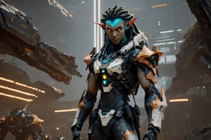 4k full body cinematic shot photo of a squad of male space elf cyber samurai with glowing glass swords and gunds in hand forward in sci-fi jungle elven mech yard, weapons, aiming rifle, weapon in hand, anatomically correct hands, matte bronze black sleek orange and neon teal accent colors , bulky weathered space marine armor, 4k bioluminescent eyes, sci fi daggers on body, clear square eye screen with data displayed, white sclera eye color, 4k realistic eyes, realistic armor texture, bulky full body interlocking armor panels, handsome face, face photorealistic, angry face, fit, 4k hyperrealistic face, muscular, mature males, photorealistic cyberpunk elf Man, hi-tech equipment, kintsugi gengji from overwatch armor and sword, shaved head hairstyle, vampire_teeth, subsurface scattering, perfect_teeth, Extremely detailed face,  mecha bow and quiver on back, loose wires, spear mecha weapons in hand_energy blade, mecha jetpack, cyberpunk exosuit, 4 thrusters, cyborg goggles, cyberpunk halo visor, face visor. detailed panel lining, mechanical, high quality, volumetric, freckles, beautiful, dslr, 8k, 4k, 4k eyes, ultrarealistic eyes, realistic eyes, insanely detailed eyes, ultrarealistic, realistic face, insanely detailed face, natural skin, textured skin, Movie Still, mecha, landscape inside elven spaceship hangar, Lunar eclipse background, lunar orange glow, vengeful amber eyes, eyes tiny glow,elven_ears,Read description
