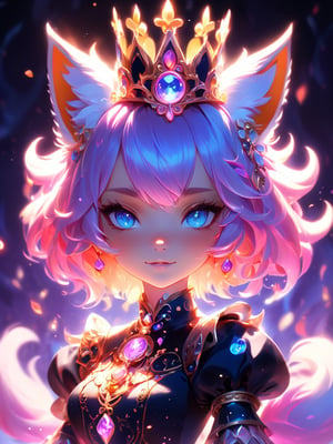 (cute flame foxy, flaming veins, flaming crown), blue and purple tones, (masterpiece, best quality, ultra-detailed, best shadow), (detailed background, fantasy), princess cloth, (beautiful detailed face), high contrast, (best illumination, an extremely delicate and beautiful), ((cinematic light)), colorful, hyper detail, dramatic light, intricate details, (1girl, 18 year old, solo, pink hair, sharp face, amber eyes, hair between eyes,dynamic angle), blood splatter, swirling black light around the character, depth of field, light particles,(broken glass),magic circle, (full body), Spirit Fox Pendant,b3rli,dfdd