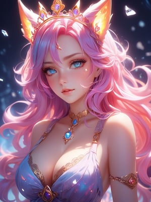 (cute flame foxy, flaming veins, flaming crown), blue and purple tones, (masterpiece, best quality, ultra-detailed, best shadow), (detailed background, fantasy), sexy cloth, (beautiful detailed face), high contrast, (best illumination, an extremely delicate and beautiful), ((cinematic light)), colorful, hyper detail, dramatic light, intricate details, (1girl, 18 year old, solo, pink hair, sharp face, amber eyes, hair between eyes,dynamic angle), blood splatter, swirling black light around the character, depth of field, light particles,(broken glass),magic circle, (half body),inst4 style, transparent clothes, cleavage, small_boobs,  big_butt, speach_bubble