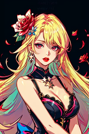 Anime style, 1girl, solo, looking at viewer, blond hair, long hair, pink-blue colors, thick, young, sexy, large breasts, holding, red eyes, choker, upper body, flower, earrings, hair flower, petals, makeup, rose, sexy clothes, lipstick, black background, red flower, holding magic, red lips ,n0t,march 7th \(honkai: star rail\) cleavage ,glass,sciamano240