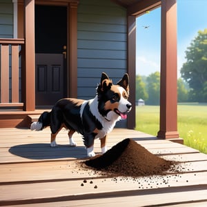 (((the dog defecate on the porch:1.4))), a few flies flew around the pile of dog poop