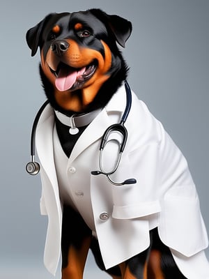 a strong Rottweiler sporting a crisp white lab coat and stethoscope, (laughing:;1.8) extremely realistic, warm light, ultra high quality down to the hairs, 8k, full HD, very high detail, 