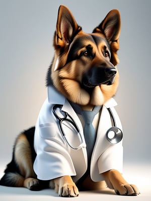 a lovable German Shepherd sporting a crisp white lab coat and stethoscope, extremely realistic, warm light, ultra high quality down to the hairs, 8k, full HD, very high detail, 