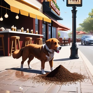 (((the dog defecate in front of the restaurant:1.4))), The pile of feces is covered by flies