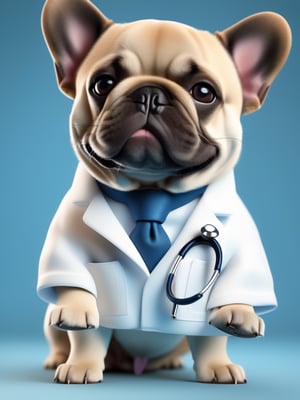 a lovable French Bulldog sporting a crisp white lab coat and stethoscope, extremely realistic, warm light, ultra high quality down to the hairs, 8k, full HD, very high detail, 