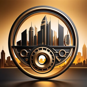 Crafted as a sleek digital illustration, the modern 3D logo for brand EQUITY takes the form of intertwined, abstract gears symbolizing unity and progress. The art style is influenced by Alex Trochut. The backdrop showcases a cityscape at sunset, evoking growth and innovation. Warm golden hues dominate the color palette. The logo's expression is dynamic, depicting momentum and transformation. Lighting is warm, accentuating reflections on the logo's metallic surfaces. The atmosphere is dynamic yet optimistic. --v 5 --stylize 1000