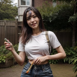 Photo of a woman named lien-hua jieru, dressed as a gardener, holding a weed clipper, smiling face, looking smart