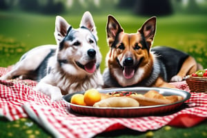 8k, best high quality, masterpiece:1.4), (realistic, photo-realistic:1.37), dogs make a mess of picnic food on the ground