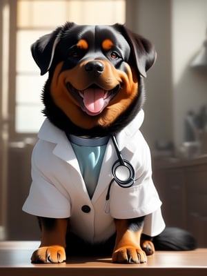 a strong Rottweiler sporting a crisp white lab coat and stethoscope, ((laughing:1.8)), extremely realistic, warm light, ultra high quality down to the hairs, 8k, full HD, very high detail, 