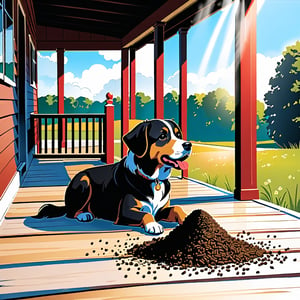 (((the dog defecate on the porch:1.4))), a few flies flew around the pile of dog poop