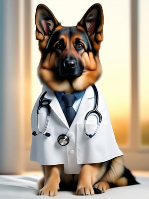 a lovable German Shepherd sporting a crisp white lab coat and stethoscope, extremely realistic, warm light, ultra high quality down to the hairs, 8k, full HD, very high detail, 