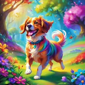 In a fantastical realm, a dog-sized creature playfully leaves whimsical, rainbow-hued poop in an enchanted garden. The garden's flora reacts with vivid colors, creating an ethereal and magical ambiance. The creature's mischievous expression and wagging tail add to the playful mood. Rendered as a detailed digital painting in a vibrant and fantastical style. --v 5 --stylize 1000