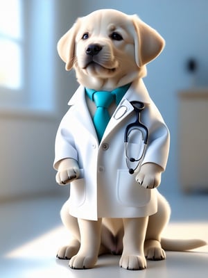 a lovable Labrador puppy sporting a crisp white lab coat and stethoscope, extremely realistic, warm light, ultra high quality down to the hairs, 8k, full hd, very high detail, 