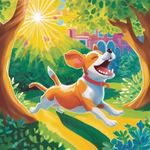 (( a mischievous dog relieves itself:1.5)), A humorous moment is captured as a mischievous dog playfully relieves itself in a charming backyard setting. Sunlight filters through the trees, creating dappled patterns on the grass. The atmosphere is carefree and lighthearted, with a touch of naughtiness. Illustrated in a whimsical style with vibrant colors and exaggerated shapes. --v 5 --stylize 1000