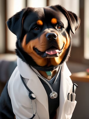 a strong Rottweiler sporting a crisp white lab coat and stethoscope, extremely realistic, warm light, ultra high quality down to the hairs, 8k, full HD, very high detail, 