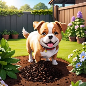 (((Dog pooping in Garden:1.8))), the dog defecated in the garden, its dung heaps covered in flies