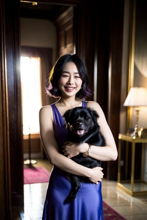  [full-length portrait] [European female fashion model aged 8-23 years hugging a dog] [dressed like an art deco style] [laughing] [purple hair] [hugging the dog] [Photo taken in front of a Luxury mansion] [type of illumination: backlight], extremely realistic, 8k, insane details, intricate details, beautifully color graded, Color Grading, Editorial Photography, Photography, Bokeh, taken with a 60mm lens, ISO 300, f/4, 1/200th --ar 2:3