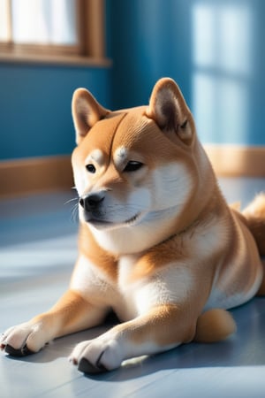 (8k, best high quality, masterpiece:1.4), 
(realistic, photo-realistic:1.37),a shiba inu in blue costume
(a dog  lying on the floor:1.6), room with sunlight dancing through windows, trailing gold across floor,
beautiful hair, blue, cinematic, neoprene, behance contest winner, portrait featured on unsplash, stylized digital art, smooth, 
