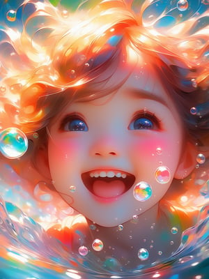 a Girl, laughing, Colorful colors, surrounded by water bubbles, in the style of Kawacy, Masterpiece, Oil painting drawn in anime style, head close - up, exaggerated perspective, Tyndall effect, water drops, mother - of - pearl iridescence, Holographic white, 