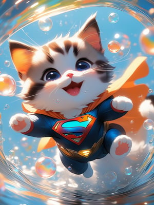  a cat, spring, cat, Fly through the air in a Superman suit, orange_body, laughing, Colorful colors, surrounded by water bubbles, in the style of Kawacy, Masterpiece, Oil painting drawn in anime style, head close - up, exaggerated perspective, Tyndall effect, water drops, mother - of - pearl iridescence, Holographic white, 