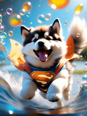  a dog, spring, Alaskan malamute, Fly through the air in a Superman suit, orange_body, laughing, Colorful colors, surrounded by water bubbles, in the style of Kawacy, Masterpiece, Oil painting drawn in anime style, head close - up, exaggerated perspective, Tyndall effect, water drops, mother - of - pearl iridescence, Holographic white, 