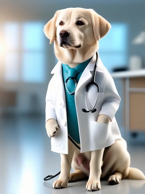 a lovable Labrador Retriever sporting a crisp white lab coat and stethoscope, extremely realistic, warm light, ultra high quality down to the hairs, 8k, full HD, very high detail, 