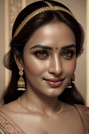 (best quality,4k,8k,highres,masterpiece:1.2),ultra-detailed,(realistic,photorealistic,photo-realistic:1.37),beautiful,indian woman,(expressive eyes:1.1),(radiant smile:1.1),close-up,portrait,(smooth skin:1.1),(long,shiny hair:1.1),vibrant colors,studio lighting,ethnic jewelry,traditional attire (sari),ornate henna design,delicate facial features,graceful pose,serene expression,subtle makeup,rich textures,deep gaze,gorgeous accessories,exquisite craftsmanship,soft shadows,subtle highlights,warm color palette,aesthetic composition,striking contrast,detailed patterns,impeccable clarity,natural beauty,luminous complexion,regal elegance,unforgettable charm,intense gaze,dreamy ambiance,radiant personality,colorful backdrop