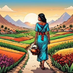 illustration style, ink drawing, ink outliner, style cartoon, illustration, ink outliner, bright color, illustration, 2D, cartoon style,beautiful women with a pot walking towards in distance , 18's,Egyptian middle east attire,35 years old women, ornaments ,sunset at back, paddy fields, crops, mountains at distance ,comic book