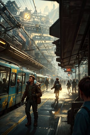 1boy in the metro station, light ray, directions, folk, people walking, ,dynamic angle,FilmGirl,lofi,Magical Fantasy style,Movie Still,HZ Steampunk,ToxicPunkAI