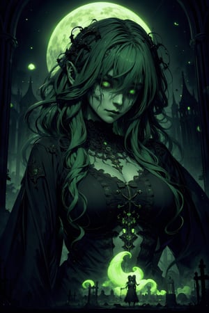 (masterpiece, best quality, highres:1.3), ultra resolution image, (1girl), female, (solo), green hair, eyes glinting, eerie charm, gothic, (spectral chic:1.4), cryptic, labyrinthine cemetery, gothic arches, elegance, (necropolis:1.5),glitter, ohterworldly energy, green wisps, undead maiden, moonlit paradise,  (mystic tranquility:1.3), realm of the decease, chaosmix