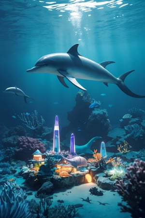 "Imagine a futuristic underwater metropolis where marine creatures and robots coexist harmoniously. Design a captivating scene featuring a charismatic dolphin diplomat engaging in a friendly conversation with a sophisticated robot ambassador. Enrich the underwater cityscape with bioluminescent plants and advanced technology, blending the beauty of the ocean with the wonders of futuristic innovation."