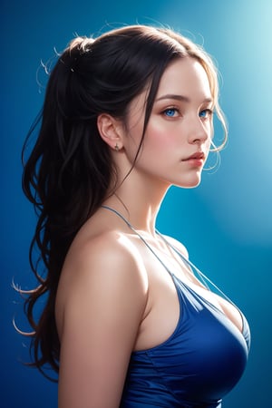 a woman in blue is posing on a blue background, in the style of realistic fantasy artwork, hyper-realistic