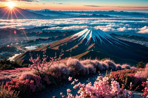 Breath taking view from the top of mount Fuji in the morning, spring, sun rises, view from the top,