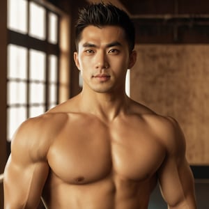 masterpiece, 1 Man, Look at me, Handsome, Black eyes, Brown hair, Short hair, Topless, Upper body, Indoor, Fitness Room, Asian, A bright light, Realism, textured skin, super detail, best quality