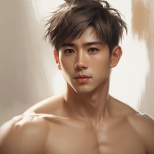 masterpiece, 1 Man, Look at me, Handsome, Black eyes, Brown hair, Short hair, Topless, Upper body, Indoor, Fitness Room, Asian, A bright light, Realism, textured skin, super detail, best quality