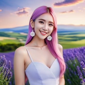 masterpiece, 1 girl, 22 years old, Long pink hair, Diamond stud earrings, Breast skirt, Smile, Outdoor, Light blue sky, Clouds, Lavender flower field, Asian, textured skin, super detail, best quality