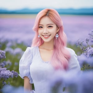 masterpiece, 1 girl, 22 years old, Long pink hair, Diamond stud earrings, Breast skirt, Smile, Outdoor, Light blue sky, Clouds, Lavender flower field, Asian, textured skin, super detail, best quality