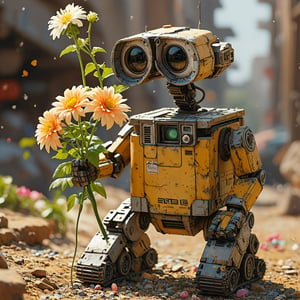 wall e, holding a flower