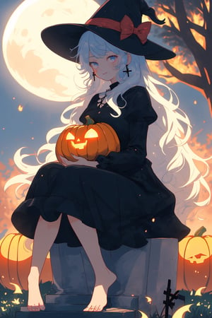 (masterpiece, best quality, highres:1.1), ultra resolution image, (solo), (1girl), niji, long hair, dress, bow, sitting, very long hair, white hair, barefoot, black dress, tree, night, bird, moon, grass, cross, fire, full moon, halloween, skull, lantern, fence, jack-o'-lantern, pumpkin, bare tree, tombstone, graveyard, midjourney,